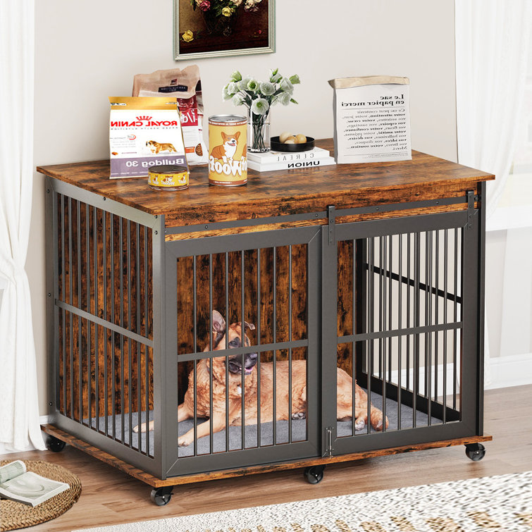 Dog Crate Side Table Furniture With Sliding Iron Door And Cushion Mat Rustic Brown